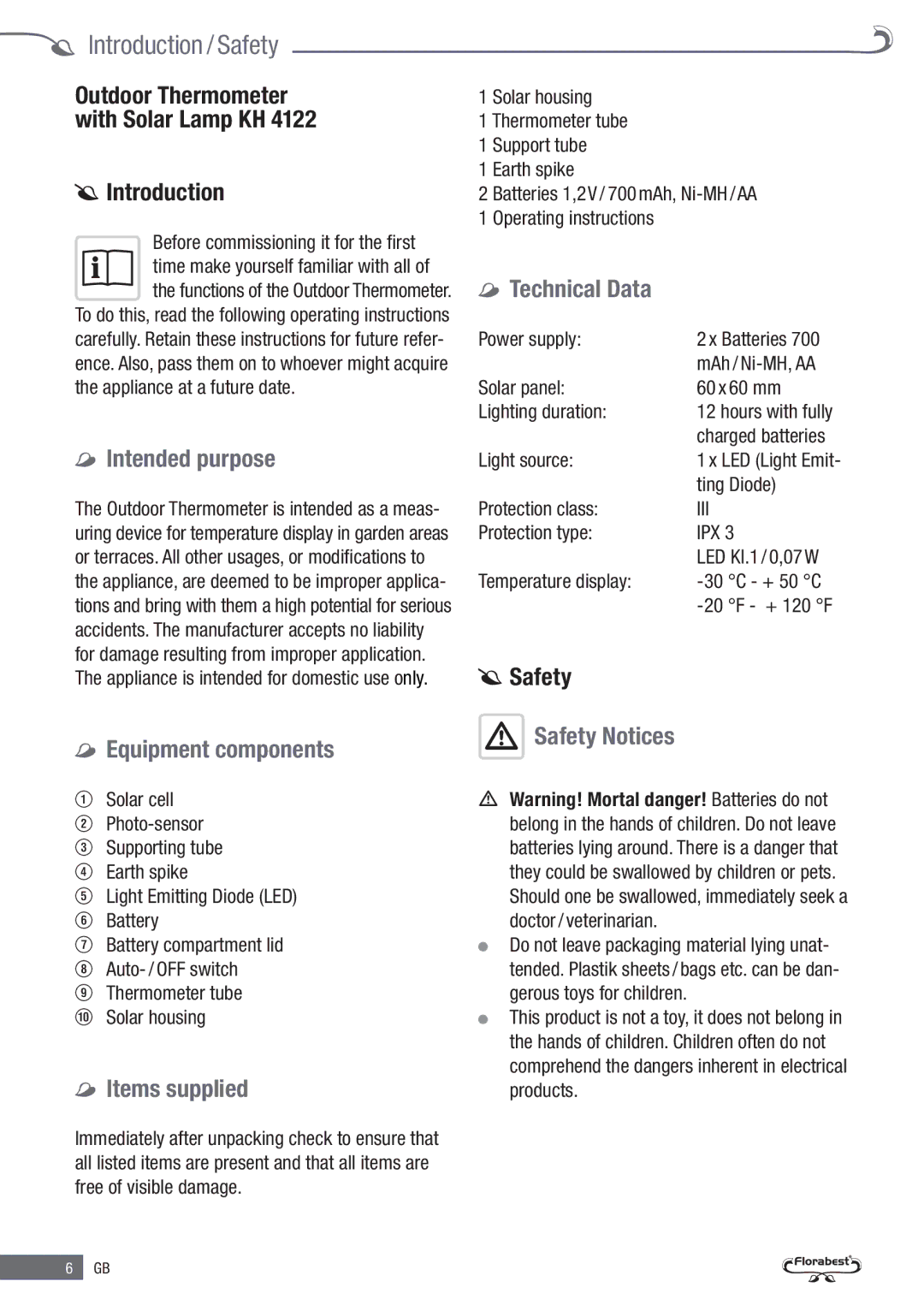 Kompernass KH 4122 manual Introduction / Safety, Intended purpose, Equipment components, Items supplied, Technical Data 